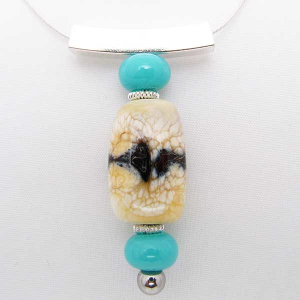 Ivory and Turquoise Colored Glass Bead Pendant Sterling Silver Necklace