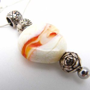 White and Orange Swirl Bead Pendant Sterling Silver Necklace